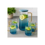 LeylArt Borosilikat Cam Gold Saplı Sürahi 1300 Ml 4 Bardaklı MAVİ