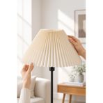 Lİ HOME İthal Lambader Şapkası Çap 36 cm Pileli Kırma Kumaş Krem Abajur Başlık Metal İskelet LAM06