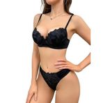 LifeLuxury Kadın Dantel Çiçekli Sütyen ve Bikini İç Çamaşır Seti, Fransız Roman Korse Modeli, Ayarlanabilir Askılı, Saten Karışımlı, Standart Beden, Siyah (L)