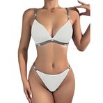 LifeLuxury Kadın Sütyen ve Tanga Takımı, Beyaz, Gri Şerit Detaylı, İki Parça İç Çamaşır Seti (beyaz, s)