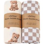 LifeTree Muslin Kundak Battaniyeleri Nötr, Bebek Kundaklama Sargısı Çocuk Odası Erkek ve Kız Çocukları için Alma Battaniyesi, Unisex, Bambu Pamuktan Yumuşak Viskoz, Büyük 119,4 x 119,4 cm, Ayı ve