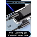 #Lightning Usb Lightning Şarj Kablosu 3 Metre 2.4A Hızlı Şarj Veri Aktarım Siyah Dayanıklı Uzun Kablo İphone İpad Uyumlu