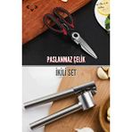 LİGROUND İkili Mutfak Seti Paslanmaz Çelik Mutfak Makası Ve Hazneli Sarımsak Ezici Metal Mutfak Gereçleri Gri