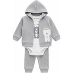 Lika&Nika %100 Erkek Bebek 3'lü Takım Kapüşonlu Hırka Body Pantolon Seti Yenidoğan Bebek Kıyafeti Alt Üst Takım Pamuklu - Yeşil - Açık Gri - 3 - 6 Ay