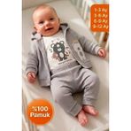 Lika&Nika Erkek Bebek 3'lü Takım Kapüşonlu Hırka Body Pantolon Seti Yenidoğan Bebek Kıyafeti Alt Üst Takım Pamuklu - 1 - 3 Ay - Açık Gri
