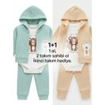Lika&Nika Erkek Bebek 3'lü Takım Kapüşonlu Hırka Body Pantolon Seti Yenidoğan Bebek Kıyafeti Alt Üst Takım Pamuklu - Açık Bej - 1 - 3 Ay