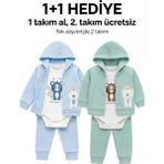 Lika&Nika Erkek Bebek 3'lü Takım Kapüşonlu Hırka Body Pantolon Seti Yenidoğan Bebek Kıyafeti Alt Üst Takım Pamuklu - Mavi - 1 - 3 Ay