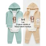 Lika&Nika Erkek Bebek 3'lü Takım Kapüşonlu Hırka Body Pantolon Seti Yenidoğan Bebek Kıyafeti Alt Üst Takım Pamuklu - Mint - 1 - 3 Ay