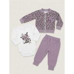 Lika&Nika Kız Bebek 3'lü Takım: Leopar Desenli Fermuarlı Ceket & Body & Eşofman Altı - Lila - Beyaz - 1 - 3 Ay