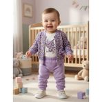 Lika&Nika Kız Bebek 3'lü Takım: Leopar Desenli Fermuarlı Ceket & Body & Eşofman Altı - Lila - Beyaz - 6 - 9 Ay