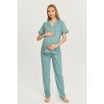 Likapa Penye Önden Düğmeli Hamile Lohusa Kısa Kol Pijama Takımı , Cotton - Mint Yeşil - XL