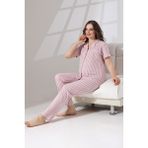 Likapa Penye Önden Düğmeli Hamile Lohusa Kısa Kol Pijama Takımı , Cotton - Somon - Beyaz