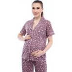 Likapa Penye Önden Düğmeli Hamile Lohusa Kısa Kol Pijama Takımı - Kahverengi