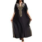 LikeJump Kadın etnik işlemeli uzun Kaftan gecelik ferah ev giyim büyük boy Maxi Kimono kapak Ups elbiseler, Siyah 3, One Size