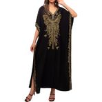 LikeJump Kadın etnik işlemeli uzun Kaftan gecelik ferah ev tekstili büyük boy Maxi Kimono kapak Ups elbiseler, Bir siyah 11, One Size
