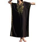 LikeJump Kadın etnik işlemeli uzun Kaftan gecelik ferah ev tekstili büyük boy Maxi Kimono kapak Ups elbiseler, Bir siyah 9, One Size