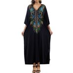 LikeJump Kadın etnik işlemeli uzun Kaftan gecelik ferah ev tekstili büyük boy Maxi Kimono kapak Ups elbiseler, Siyah 3, One Size