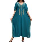 LikeJump Kadın etnik işlemeli uzun Kaftan Maxi Kimono gecelik ferah ev giyim büyük boy kapak Ups elbiseler, Yeşil, One Size