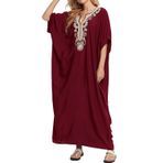 LikeJump Kadın İşlemeli Uzun Kaftan Gecelik Ferah Homewear Büyük Boy Maxi Kimono Kapak Ups Elbiseler, B Kırmızı, One Size