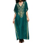LikeJump Kadın İşlemeli Uzun Kaftan Gecelik Ferah Homewear Büyük Boy Maxi Kimono Kapak Ups Elbiseler, B1 Koyu Yeşil, One Size