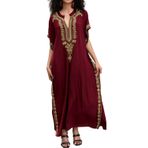 LikeJump Kadın İşlemeli Uzun Kaftan Gecelik Ferah Homewear Büyük Boy Maxi Kimono Kapak Ups Elbiseler, B2 Kırmızı, One Size