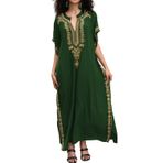 LikeJump Kadın İşlemeli Uzun Kaftan Gecelik Ferah Homewear Büyük Boy Maxi Kimono Kapak Ups Elbiseler, B2 Yeşil, One Size