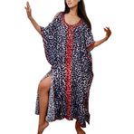 LikeJump Kadın Pamuk Baskılı Kaftan Mayo Kimono Örtü Bol Plaj Bornozu Maksi Elbise, Kırmızı Leopar, One Size