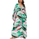LikeJump Kadın Uzun Kaftan Gecelik Ferah Homewear Büyük Boy Maxi Kimono Kapak Ups Elbiseler, Yeşil Pembe, One Size