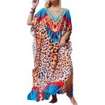 LikeJump Kadın Uzun Kaftan Gecelik Geniş Ev Giyimi Büyük Boy Maksi Kimono Örtü Elbise, kırmızı leopar, One Size