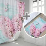 Lila Banyo Paspas Seti, 50x80 Püsküllü Paspas Ve 180x200 Cm Banyo Perdesi Takımı, Klozet Takımı