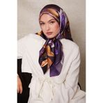 Lila Çiçek Desenli Twill İpek Eşarp