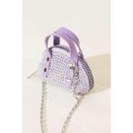 Lila(Açık) Süet Kumaş, Tek Bölmeli, Zincir Askılı,fermuarlı, Taşlı, Mini El ve Omuz Çantası 10 cm - 10x7