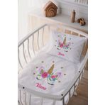 Lilabio (1233)%100 Pamuk Saten Anne Yanı Beşik Nevresim Takımı Unicorn Beyaz 60 x 100