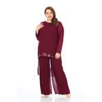 LİLAS XXL Büyük Beden Bordo Renkli Şifon Abiye Pantolon Bluz Takım