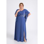 Lilas Xxl Büyük Beden Indigo Renkli Yırtmaçlı Uzun Şifon Abiye Elbise - İndigo - 52