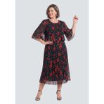 Lilas Xxl Büyük Beden Kırmızı Güllü Çiçek Desen Baskılı Şifon Elbise - 44 - Vişne