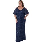 Lilas XXL Kadın Büyük Beden Full Pul Payet İşlemeli Yarım Kol Maxi Boy Abiye Elbise 2530 Lacivert