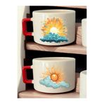 lili hediyelik Bulut Güneş Çizimi Baskılı 2'li Kahve Fincanı Seramik Kupa Bej, LH972647982432242342