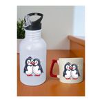 lili hediyelik Penguenler Baskılı 600 ml Matara ve 250 ml Bardak - Su Matarası Suluk ve Bardak Seti Çok Renkli Tek Ebat