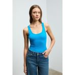 Lıllesol Kadın Fitilli Görünümlü Slim Fit Vücuda Oturan Havuz Yakalı Pamuklu Basic Mavi Atlet