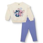 Lilo ve Stitch Kız Bebek Lisans Eşofman Takımı Baskılı Bisiklet Yaka Long Sleeve Reçme - Ekru