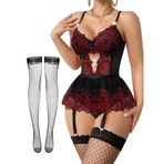 Lilosy Seksi çorap Rhinestones kalp jartiyer balenli çiçek örgü dantel şeffaf Babydoll iç çamaşırı Teddy Bodysuit etek seti, Çiçek Siyah Kırmızı, 4XL