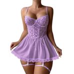 Lilosy Seksi Jartiyer Kemer Mesh Dantel Babydoll İç Çamaşırı Elbise Seti Tanga ile, açık mor, XS