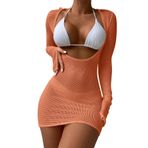 Lilosy Seksi Uzun Kollu Örgü Mayo 3 Parça Kapak Up Bikini Seti, Turuncu, XL