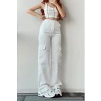 LİMABEL Yüksek Bel Kargo Cepli Beyaz Jeans Kadın Çok Cepli Kargo Kot Pantolon