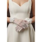 Limelia Hayal Tül Gelin Eldiveni - İnci Sarkıtlı ve Tüy Detaylı Kristal Taşlı Nikah Eldiveni