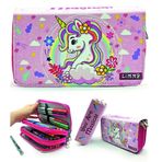 Limmy Kalem Kutusu Unicorn Bahar Temalı Kawai Organizer Kalemkutu Vegan Deri Üç Bölmeli Kalemlik- Pembe