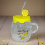 Limon Tasarımlı Kupa Bardak - 450ml Cam Bardak, Silikon Kapaklı