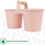 Lin Metal İkili Saksı, Tahta Kulplu İkili Dopel Metal Saksı ve Çiçeklik LN5412D - Pembe