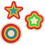 Lina Hobby Renkli Geometrik Şekiller - Montessori Eğitici Zeka Oyunu Seti - 3 Lü Şekil Set Tahta Daire Çiçek Yıldız